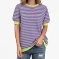 Detail of pink and blue striped t-shirt with contrasting lime green trim details - Striped Green and Pink