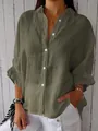 Detailed view of women's breathable olive green cotton linen button-down shirt - S / Tops / Army Green