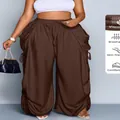 Women's plus size high waisted brown linen lantern pants with pleated drawstring - 3XL / Bottoms / Coffee