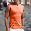 Men's sleeveless slim fit Henley tank top in orange, casual and breathable summer vest - M / Tops / Orange