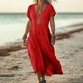 Elegant loose-fitting red V-neck cotton linen maxi dress for women on the beach - Red