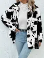 Detail showing the cow print plush texture on a loose women's warm lapel jacket. - S / Tops / White