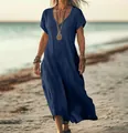 Navy blue loose V-neck cotton linen maxi dress for women on a beach sunset - Dark Blue