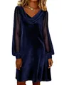 Close-up detail of a navy blue velvet dress with elegant mesh polka dot sleeves - S / Top And Bottom / Navy Blue
