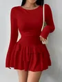 Elegant red long-sleeve slim-fit mini dress featuring tiered ruffled skirt details - XS / Tops / Red