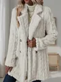 Close-up of white plush mid-length coat with notched lapel and soft cable knit texture. - S / Tops / White