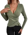 Sexy olive green deep V-neck ribbed knit wrap top for women stylish autumn look - S / Tops / Army Green