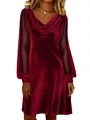 Elegant burgundy velvet V-neck dress featuring sheer mesh polka dot long sleeves detail - S / Top And Bottom / Burgundy