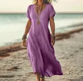 Loose purple cotton linen maxi dress with V-neck for women beach vacation - Purple
