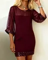Detail view of burgundy mesh dress with sequin trim on sleeves and hem - S / Burgundy