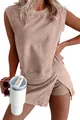 Casual summer two-piece cotton set for women featuring sleeveless top and wrap shorts - S / Top And Bottom / Khaki