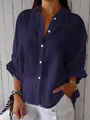 Chemise décontractée en coton et lin bleu marine à boutons pour femmes en été - Bleu foncé