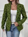 Blazer jacquard vintage français ajusté pour femme avec motif floral vert olive - S / Hauts / Vert