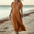 Elegant loose fit V-neck cotton linen maxi dress in burnt orange, perfect for beach vacations - Orange Red
