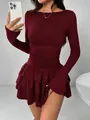 Elegant burgundy long sleeve mini dress with tiered ruffle skirt and slim fit design - Burgundy