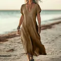 Loose brown linen V-neck maxi dress with a relaxed fit perfect for bohemian vacation style - Dark Brown