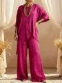 Detail view of magenta cotton linen two-piece set with asymmetric tunic and wide leg pants - Rose Red