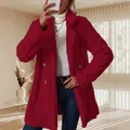 Stylish women's cozy red plush coat featuring a notched collar and double-breasted design. - S / Tops / Red