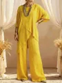 Women loose yellow cotton linen tunic and wide-leg pants two-piece set shown on model - 3XL / Top And Bottom / Yellow