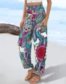 Vue détaillée du pantalon sarouel imprimé paisley à taille haute pour femme à la plage - Bleu