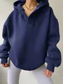 Oversized dunkelblauer V-Ausschnitt Hoodie für Damen mit Rippbündchen und lockerer Passform - S / Oberteile / Marineblau