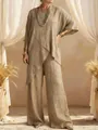 Close-up detail of the irregular hem and natural texture of the cotton linen set - 3XL / Top And Bottom / Khaki