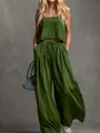 Detail of green summer 2-piece set with tank top and linen-textured wide-leg pants - Green