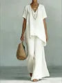 Ensemble chic en lin blanc avec haut à col en V et pantalon large assorti très élégant - S / Haut Et Bas / Blanc
