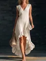 Elegant sleeveless V-neck linen maxi dress with a romantic high-low ruffle hem detail - S / Single Item / Off White