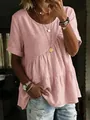 Women's casual pink tiered cotton linen short sleeve t-shirt with loose ruffled design - S / Tops / Pink