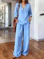 Women's casual light blue two-piece set with long sleeve V-neck top and wide-leg pants - S / Top And Bottom / Light Blue