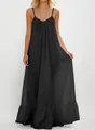 Full view of elegant black spaghetti strap maxi dress with ruffled hem and flowy silhouette - S / Tops / Black