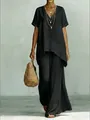 Élégant ensemble en lin noir pour femme avec tunique à col en V et pantalon large fluide - S / Haut Et Bas / Noir