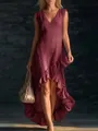 Detail view of the elegant deep burgundy sleeveless V-neck dress with ruffle hem - Burgundy