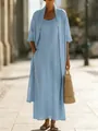 Full-length detail of light blue cotton linen two-piece maxi dress and matching cardigan. - S / Top And Bottom / Light Blue