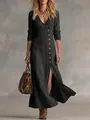 Full view detail of a charcoal gray cotton-linen maxi dress with v-neck and front buttons - S / Top And Bottom / Black