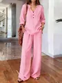 Casual pink two-piece set for women featuring loose long-sleeved top and wide-leg pants - S / Top And Bottom / Pink
