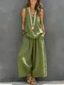 Detailed view of olive green cotton linen sleeveless vest and wide-leg pants casual set - 2XL / Top And Bottom / Green