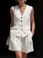 Elegant wit katoen-linnen tweedelig setje met een vest met knopen en korte broek - S / Top En Bottom (2552) / Wit