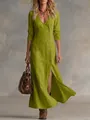 Elegant green cotton linen maxi dress featuring a side slit and front button closure - Yellow-Green