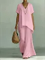 Vue détaillée de l'ensemble deux pièces rose pour femme avec haut en V et pantalon large - S / Haut Et Bas / Rose