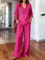 Full-length view of woman wearing a fuchsia loose long-sleeve top and wide-leg pants set. - S / Top And Bottom / Rose Red