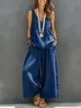 Full view of women's casual blue sleeveless top and matching wide-leg trousers set - 2XL / Top And Bottom / Blue