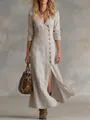 Elegant beige cotton linen maxi dress with long sleeves and buttons for spring and summer - S / Top And Bottom / Khaki