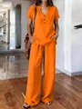 Γυναικείο casual σετ δύο τεμαχίων από βαμβάκι και λινάρι με πορτοκαλί μπλούζα V-neck - Πορτοκαλί Κόκκινο
