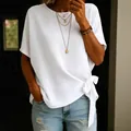 Casual white short sleeve T-shirt for women with stylish side knot detail and loose fit - S / Tops / White