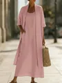 Detailed view of a pink loose cotton linen two-piece maxi dress set for elegant women - Pink