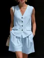 Elegante lichtblauwe linnen vest en bijpassende korte broek set voor moderne dames - S / Top En Bottom (2552) / Lichtblauw