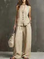 Full body detail of elegant beige linen sleeveless vest and wide-leg pants two-piece set - Khaki
