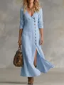 Light blue linen maxi dress with long sleeves, button front and elegant high side slit - S / Top And Bottom / Light Blue